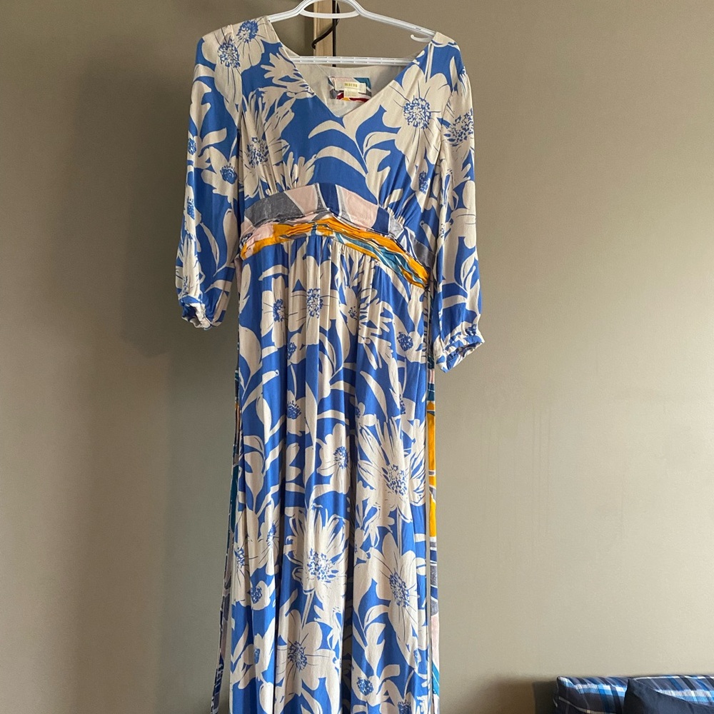 Maeve from Anthropologie maxi dress. Blue and white floral pattern w/yellow tie.
